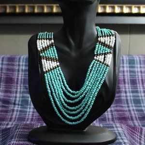 Southwestern Boho Style Turquoise and White Glass Beaded Necklace